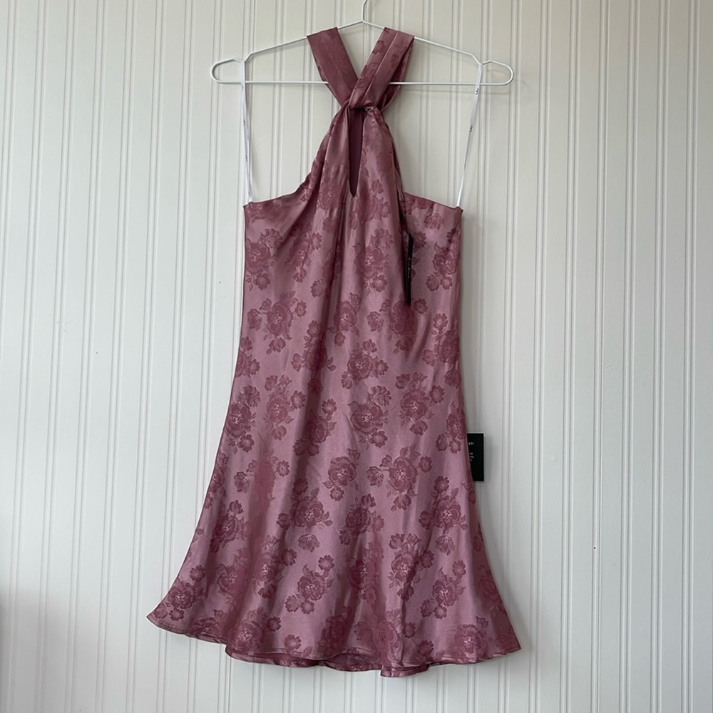 Pink Floral Jacquard Tie Neck Mini Dress